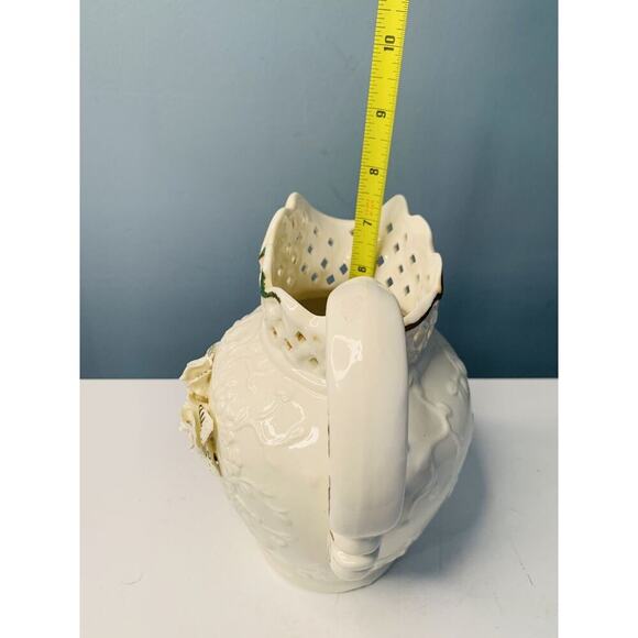Vintage Porcelain Pitcher 3D Roses Lattice Neck 7.5" Cream Home Decor Rose Vase - Picture 6 of 12